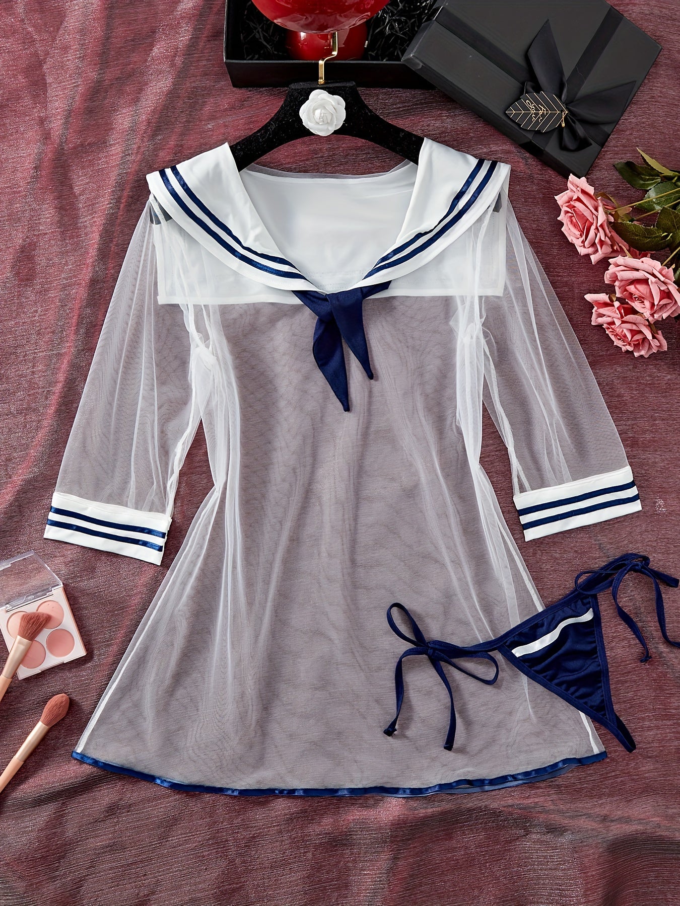 Sexy Preppy Sailor Cosplay Costume Sheer Mesh Dress with Thong