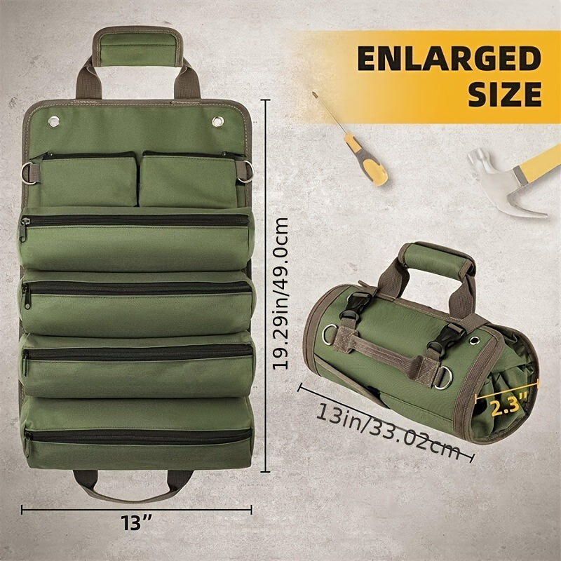 Multi-Pocket Roll-Up Tool Organizer Bag Waterproof Polyester for Electricians Mechanics Black