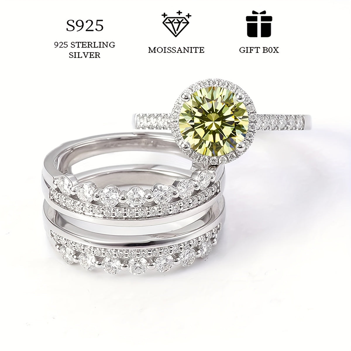 Set of 2 Silver Stacking Rings with 2ct Colorful Moissanite for Women