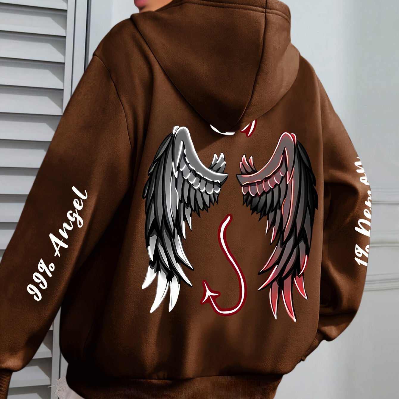 Plus Size Women's Angels & Demons Print Hoodie Long Sleeve Sweatshirt