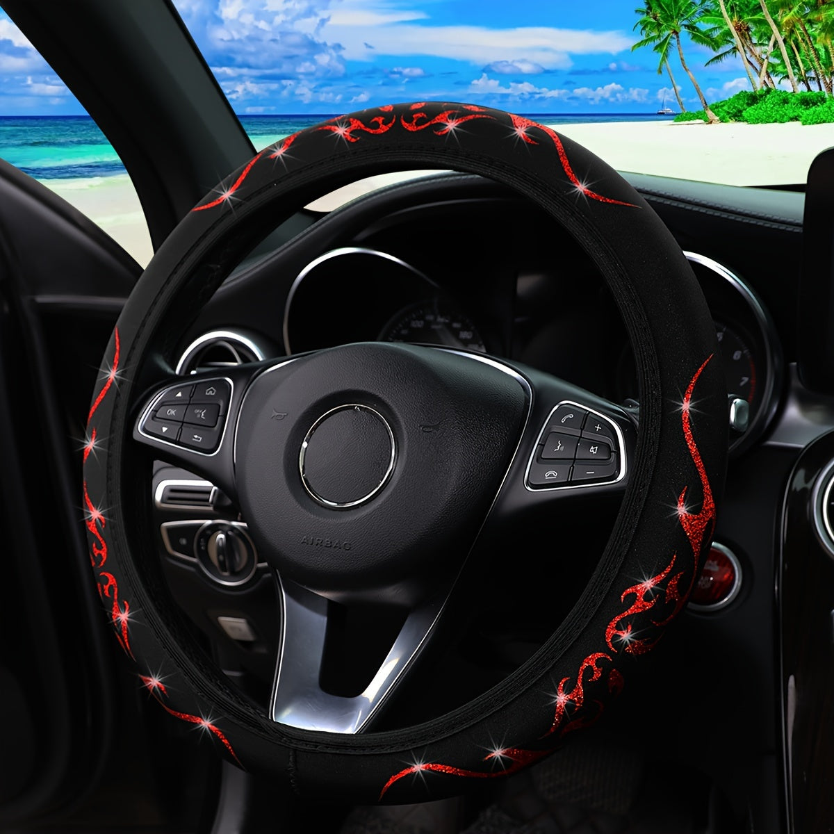 Яркая тканевая накладка на руль, нескользящая, водонепроницаемая, с огненным дизайном для автомобилей 14.5-15 дюймов