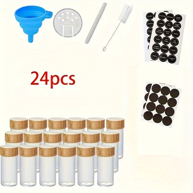 Set of 12 or 24 Glass Spice Bottles with Labels, Airtight Bamboo Lids