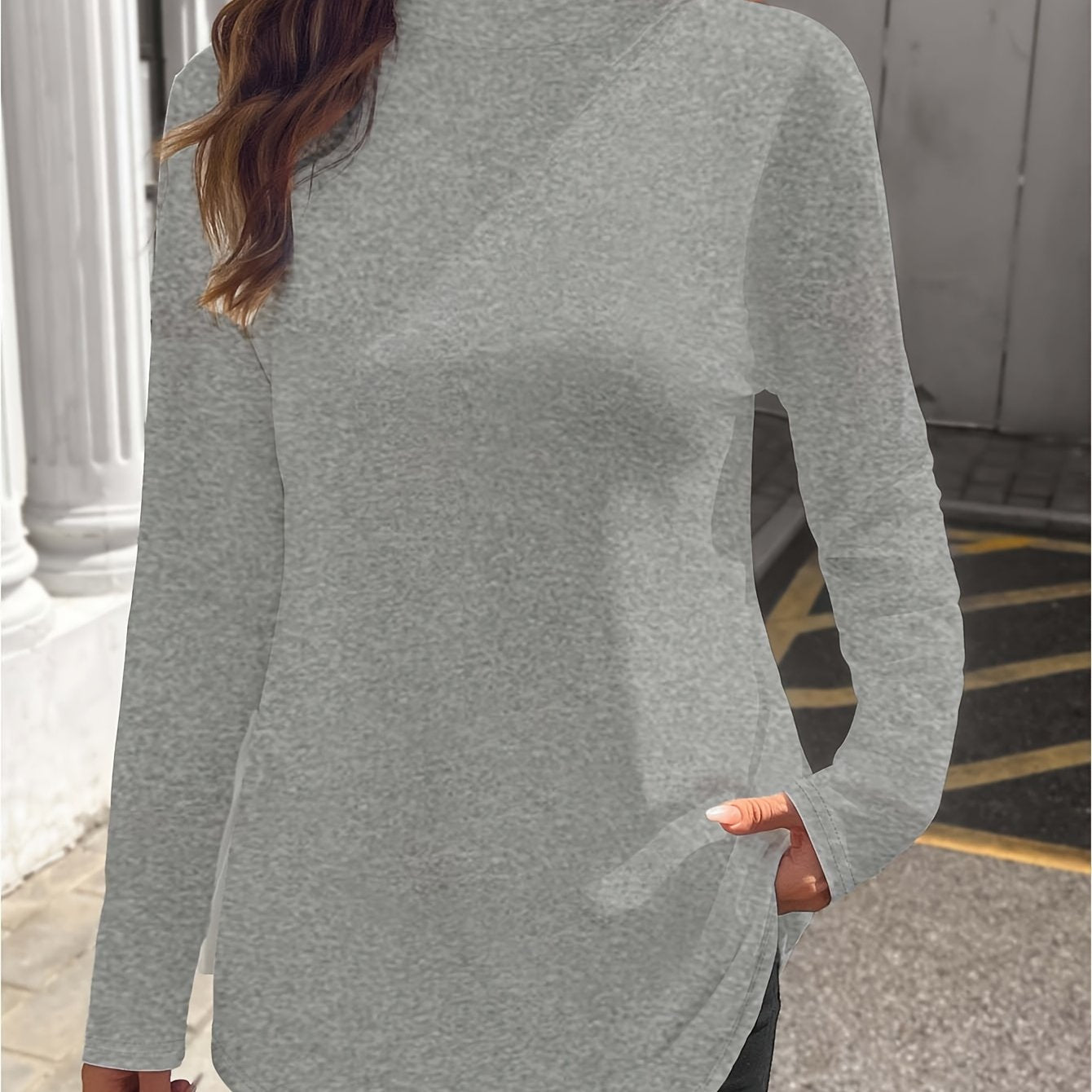 Plus Size Women's Long Sleeve Black Asymmetrical High Neck Top Casual Chic Blouse