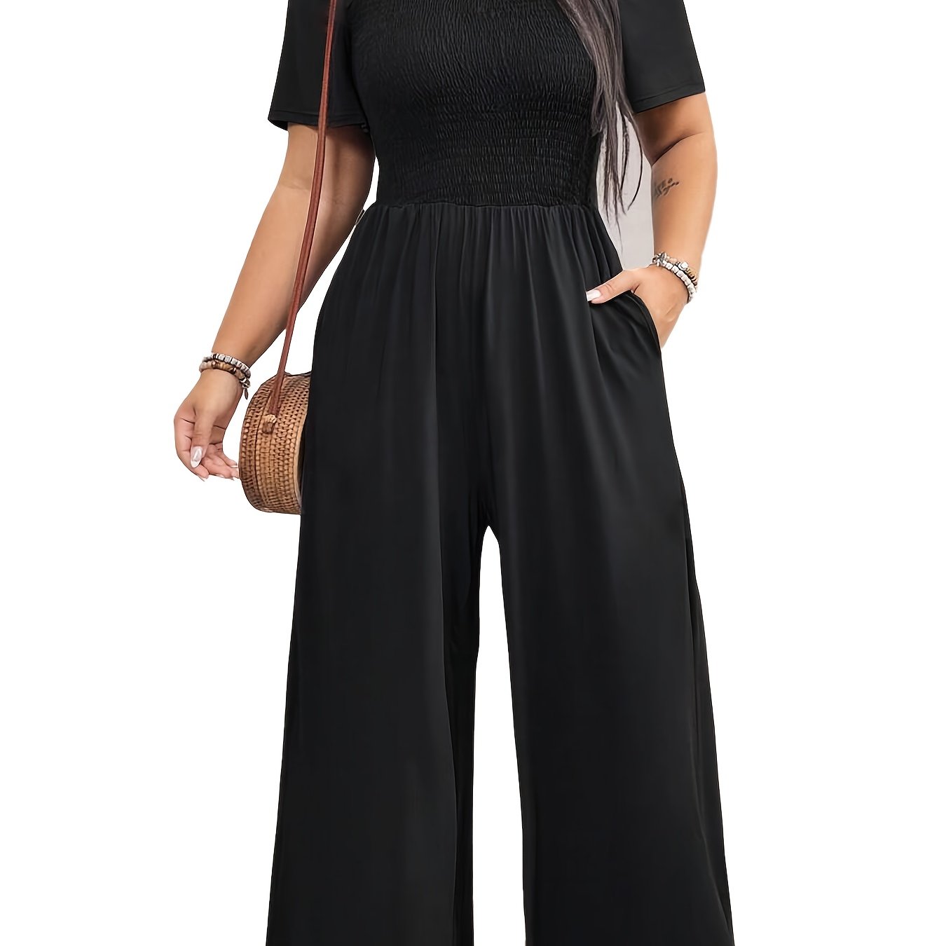 Plus Size Women's Black Square Neck Jumpsuit with Smocked Waist