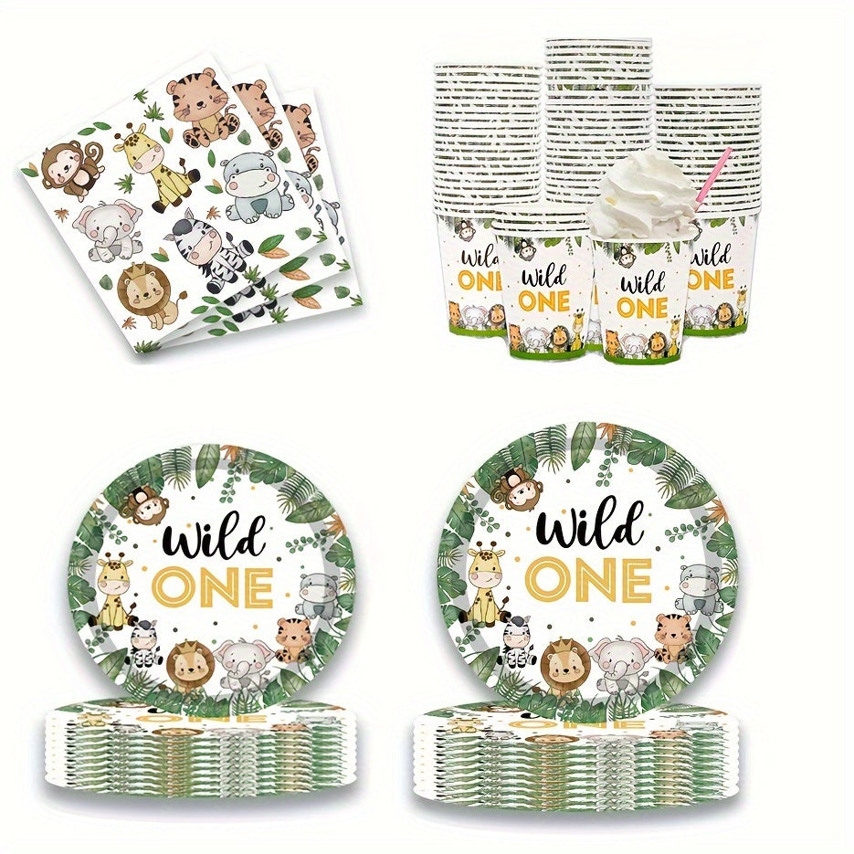 Wild Jungle Birthday Decorations Set 68 Pieces Paper Plates Cups Napkins for First Party