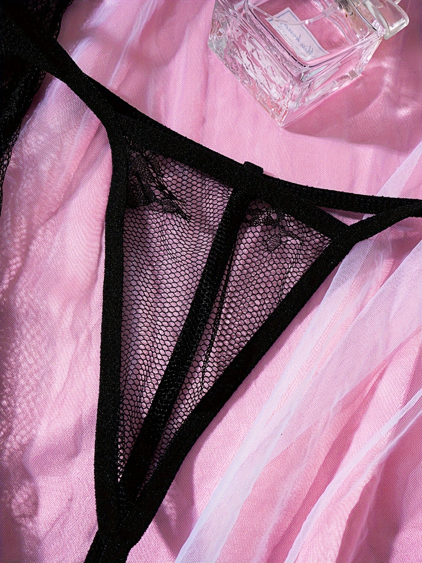 Women's Lace Halter Babydoll Dress with Thong Semi-Sheer Stretch Fabric