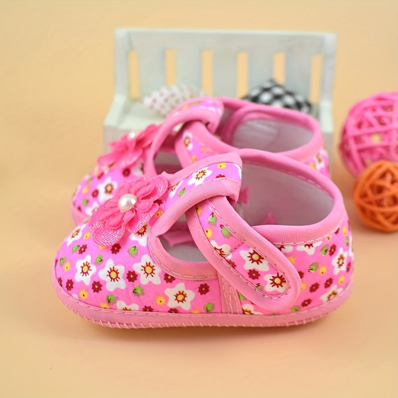 Pink Floral Baby Shoes for 0-1 Year Olds Lightweight Fabric Sequin Flowers Adjustable Strap