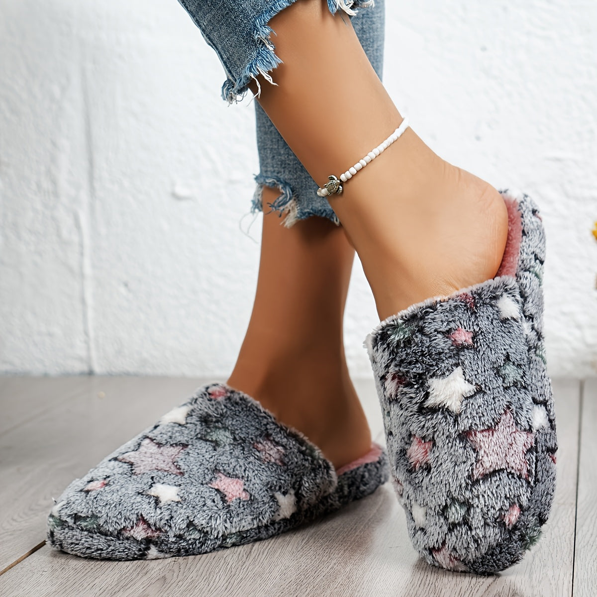 Women’s Plush Star Pattern Slippers Soft Pink Black Indoor Home Shoes