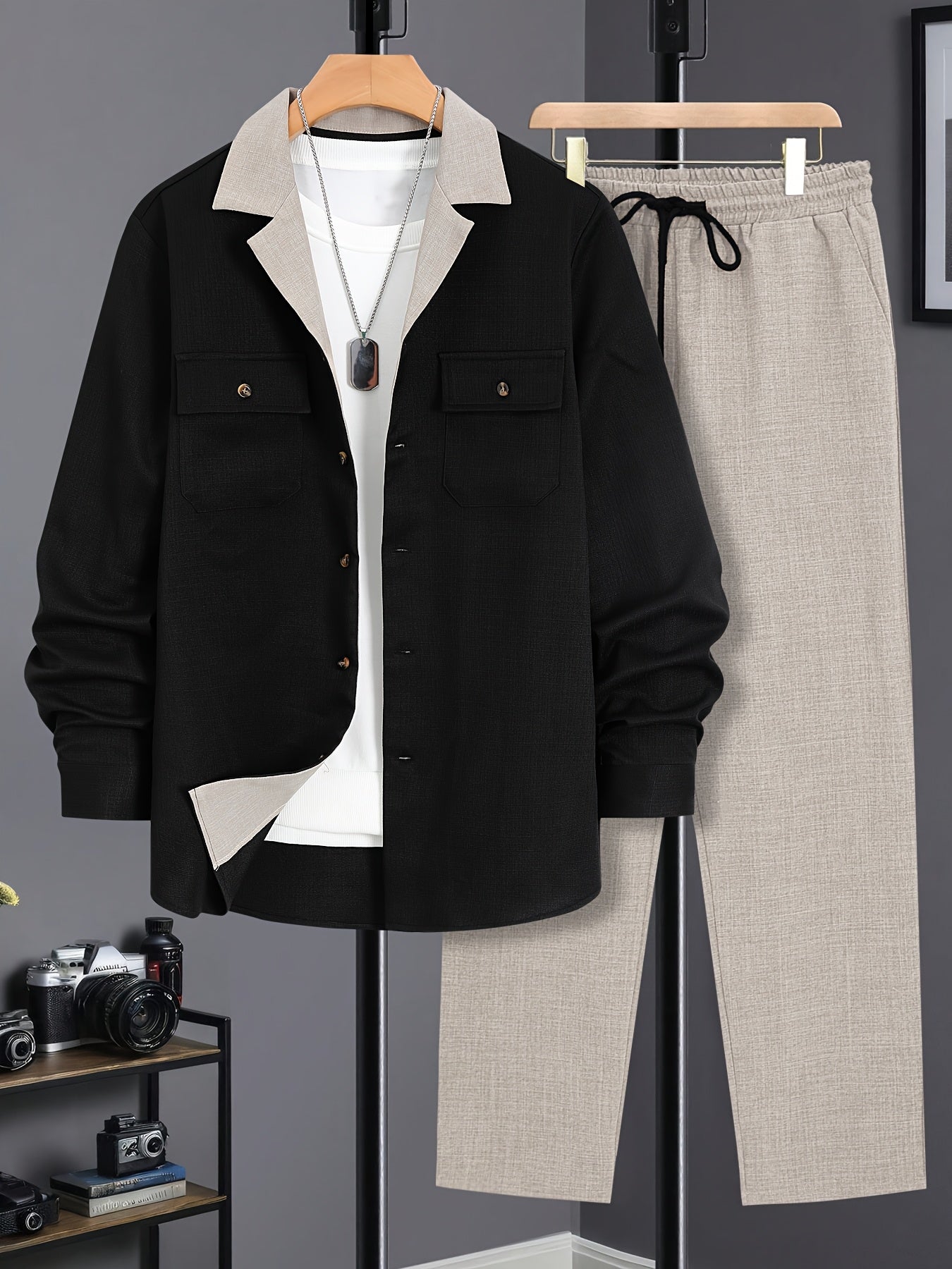 Men's Autumn Winter Long Sleeve Button Shirt and Casual Pants Set Polyester Solid Color Regular Fit