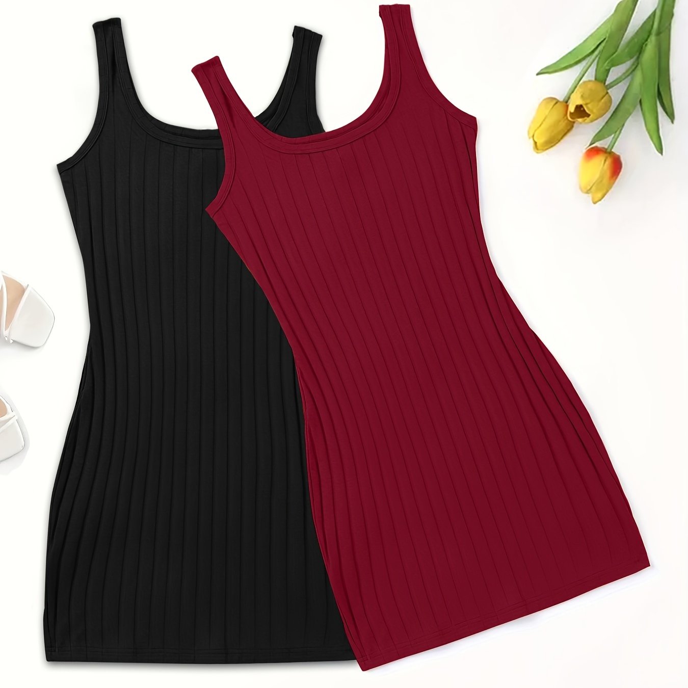 Women's Ribbed Sleep Dresses Two-Pack Black Light Blue Square Neck Stretchy Polyester Nightgowns