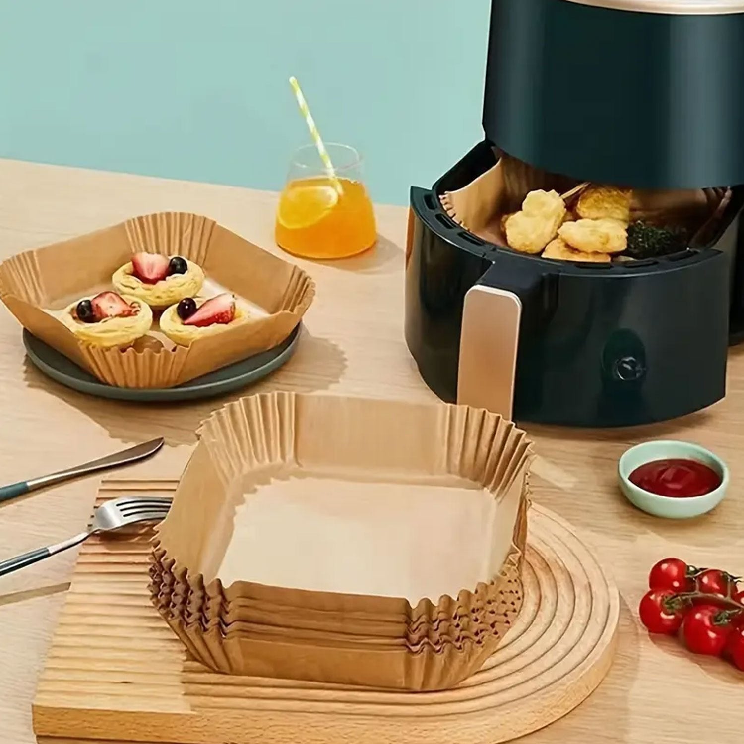 Set of 50 Non-Stick Air Fryer Liners for Rectangular Baskets and Baking Trays