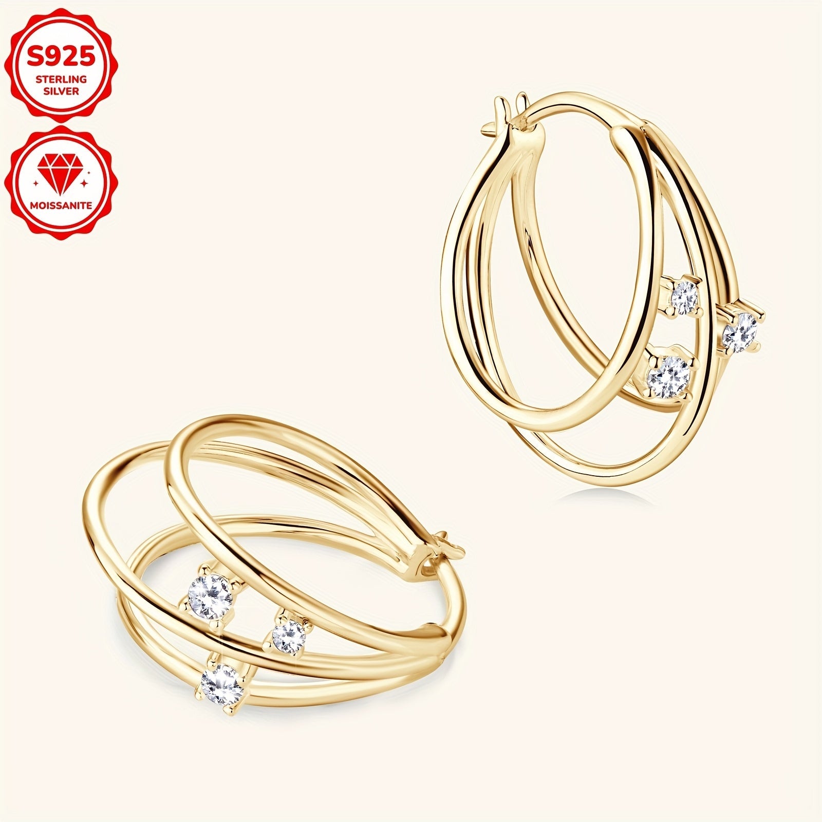 Sterling Silver Women's Hoop Earrings with Moissanite 3 Pairs 2mm 1.5mm