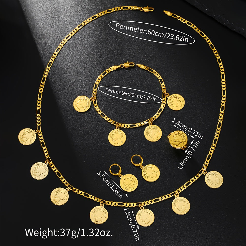 Vintage Boho Gold Plated Jewelry Set with Necklace Earrings and Bracelet