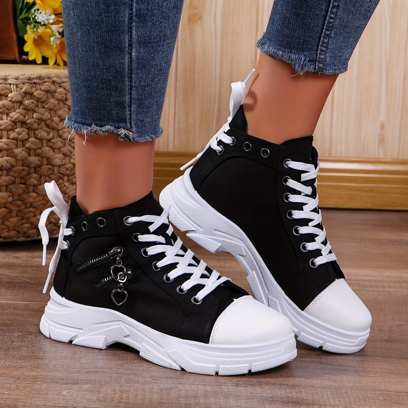 Men's Casual High-Top Sneakers Blue Denim Lace-Up Rubber Sole