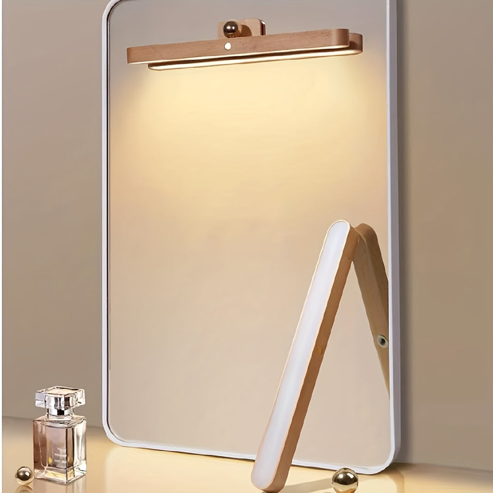 Rechargeable LED Night Light with Wooden Frame and Mirror Front Wall Mountable Bedside Lamp