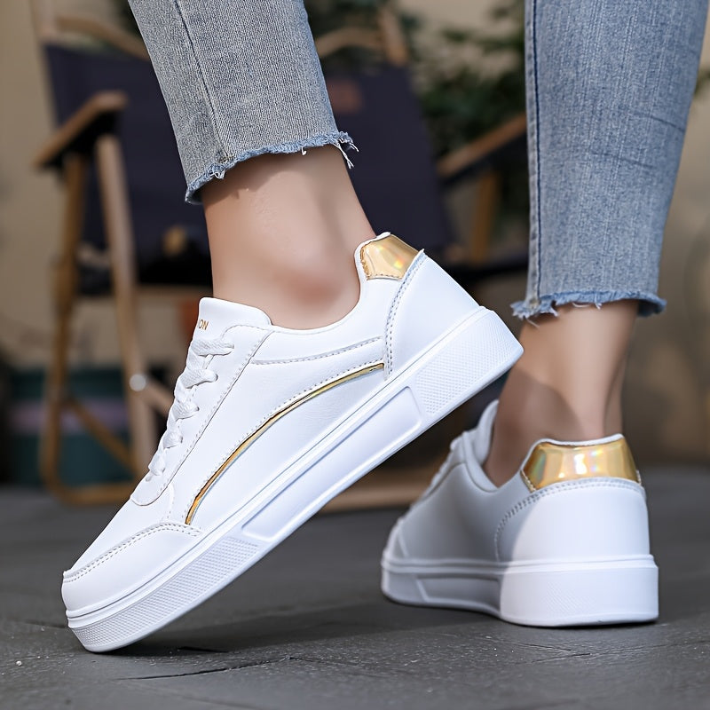 Women’s White Casual Sneakers with Gold Accents Breathable Lightweight Shoes
