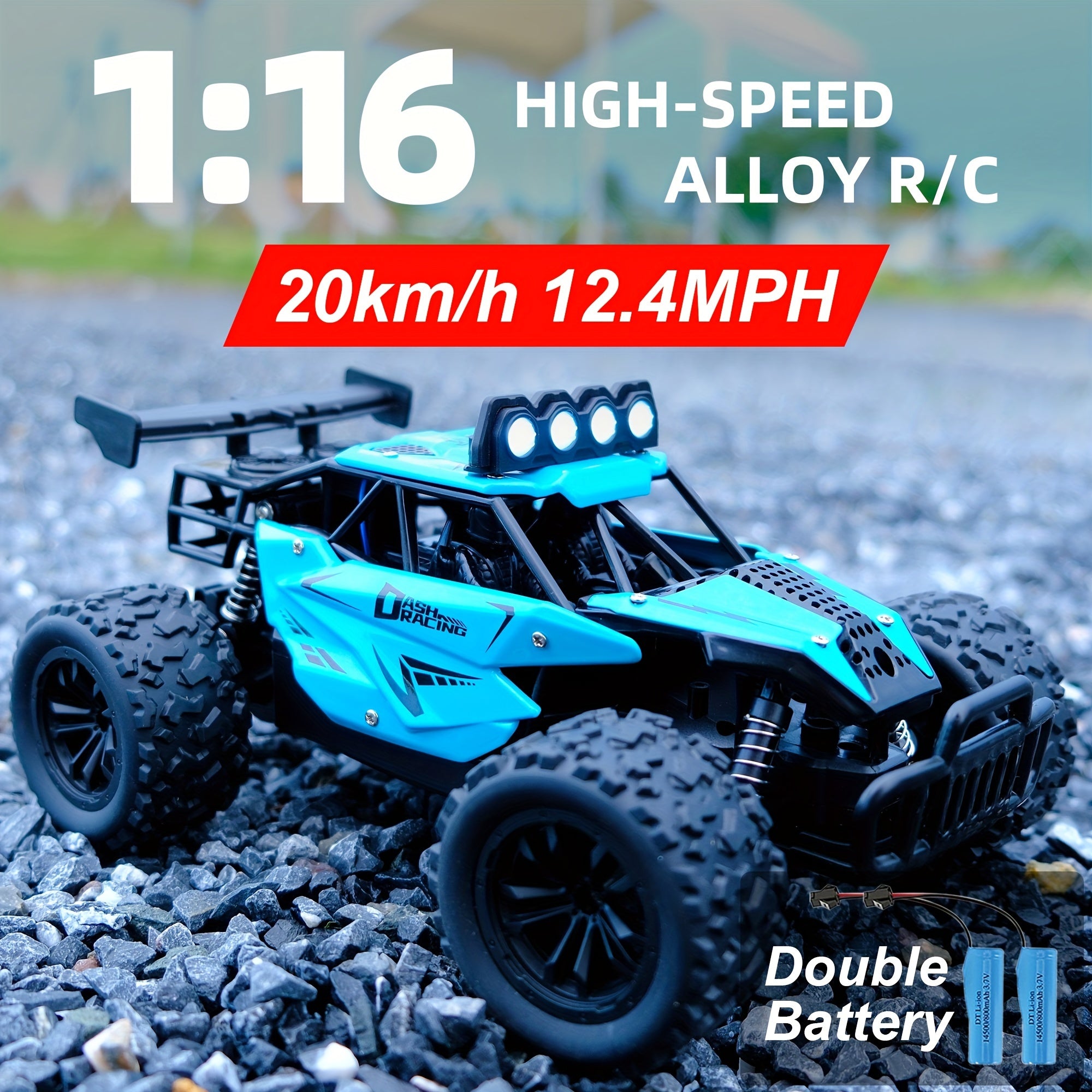 Camión RC a escala 1:16 de alta velocidad con carrocería de aleación, doble batería, 20 km/h, azul y negro