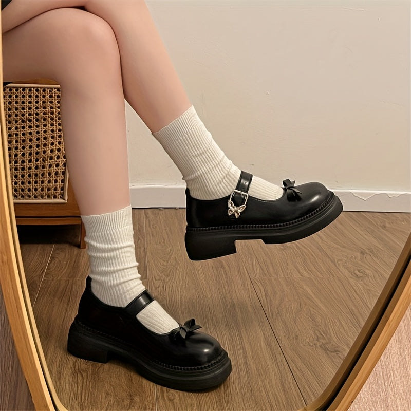 Women’s Black Synthetic Mary Jane Shoes with Bow, Rubber Sole