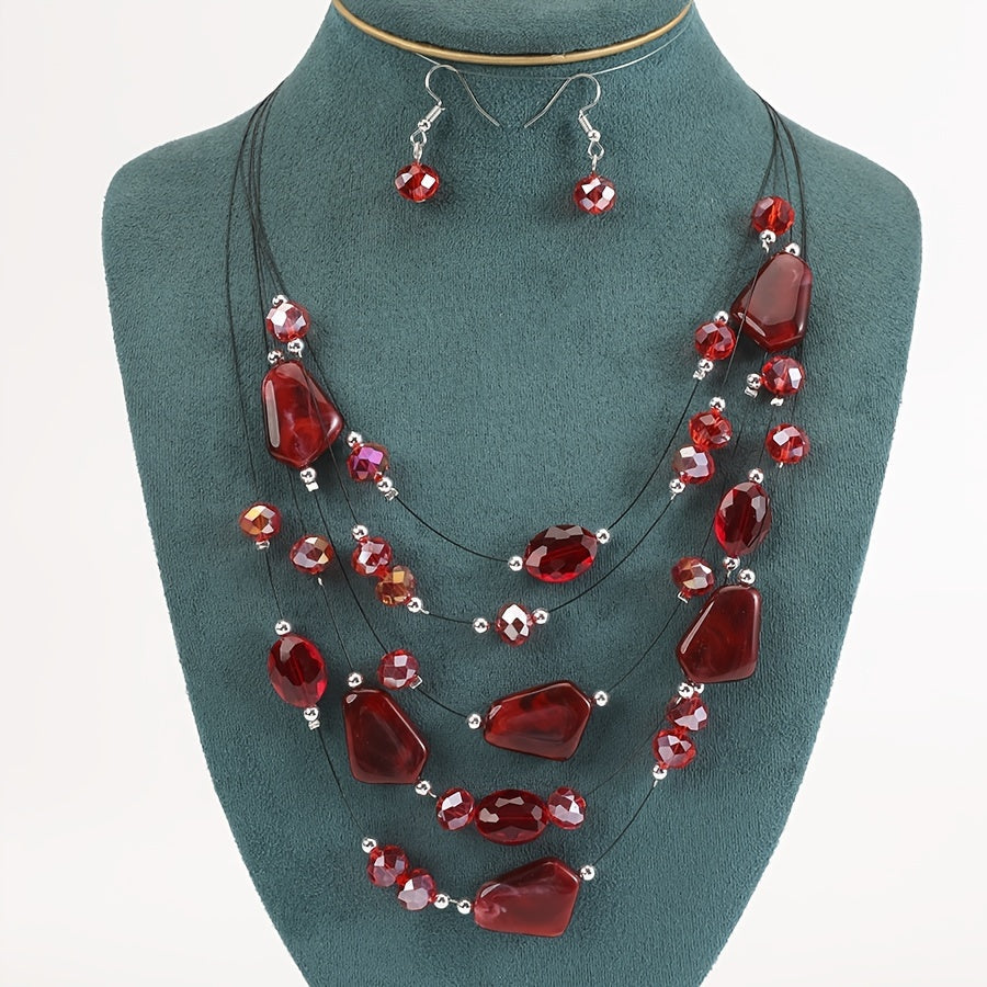 Boho Punk Jewelry Set Geometric Resin Beaded Necklace and Earrings for Women