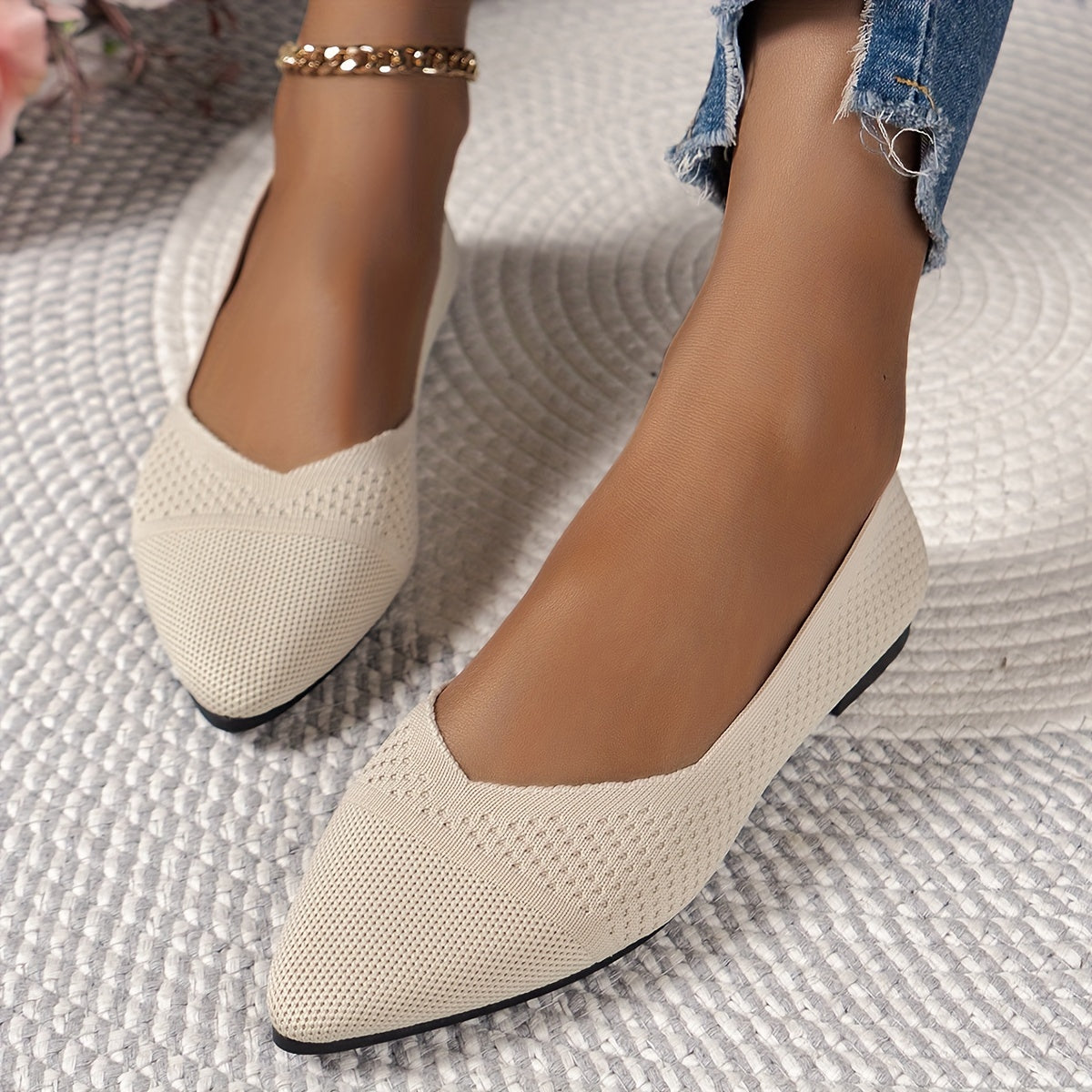 Women's Flat Knit Shoes Casual Pointed Toe Breathable Slip-On Ballet