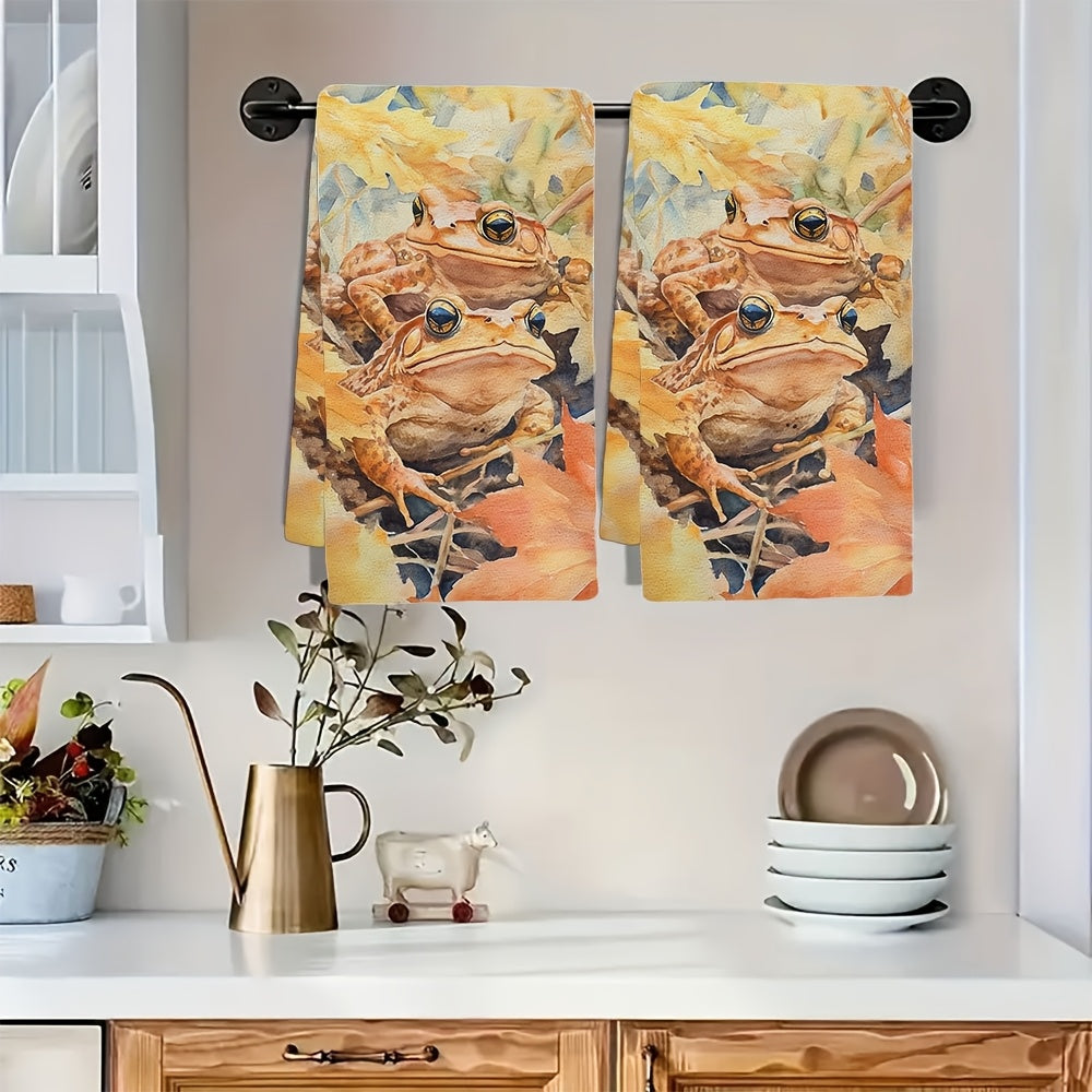 Set of 2 Ultra Soft Kitchen Towels Autumn Leaves and Garden Toad Design 16x24 Inches