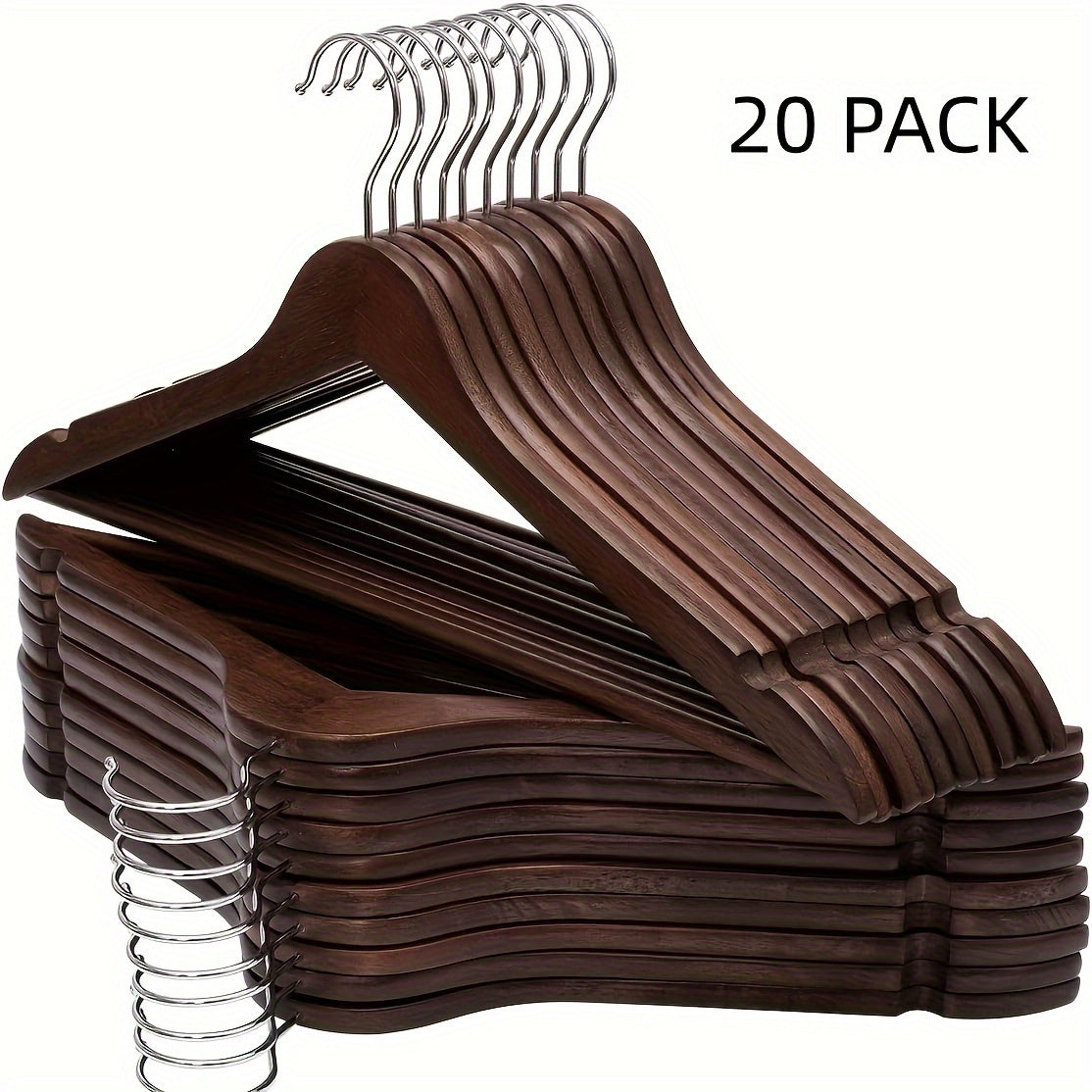 Set of 20 Non-Slip Wooden Clothes Hangers with Grooves for Wardrobes and Storage