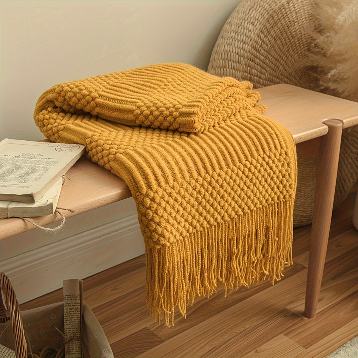 Warm Knitted Throw Blanket for Sofa Bed Car All Seasons with Tassels