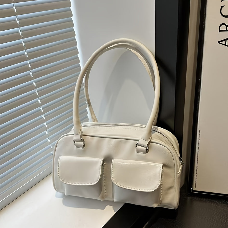 Zamonaviy ayollar uchun retro yelka sumkasi, katta sig'imli, porloq qoplama, zip yopilishi, bir rangda (qora/kolada/oq/ko'k). Ishga borish va har kuni foydalanish uchun ideal, yangilik sumkasi.