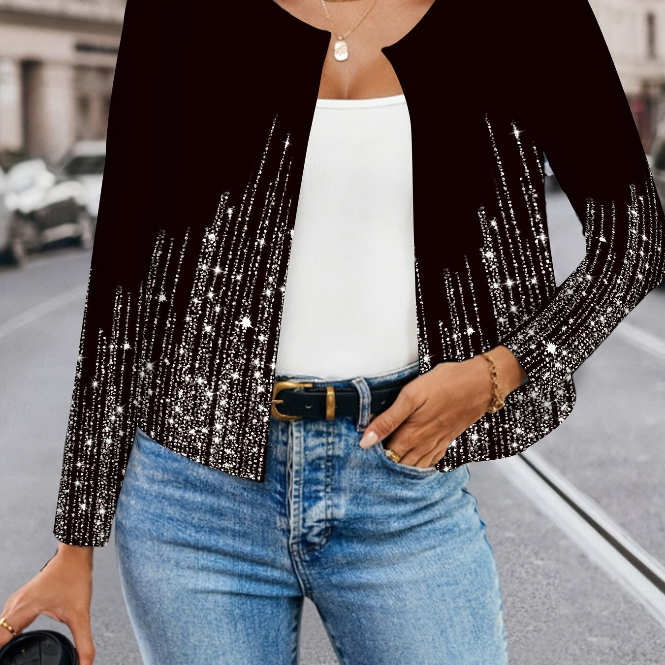 Long Sleeve Open Front Polyester Blend Jacket for All Seasons