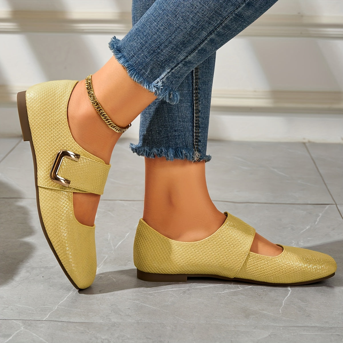 Women's Mary Jane Flats Square Toe Non-Slip Soft Sole Casual Shoes in White Beige Yellow