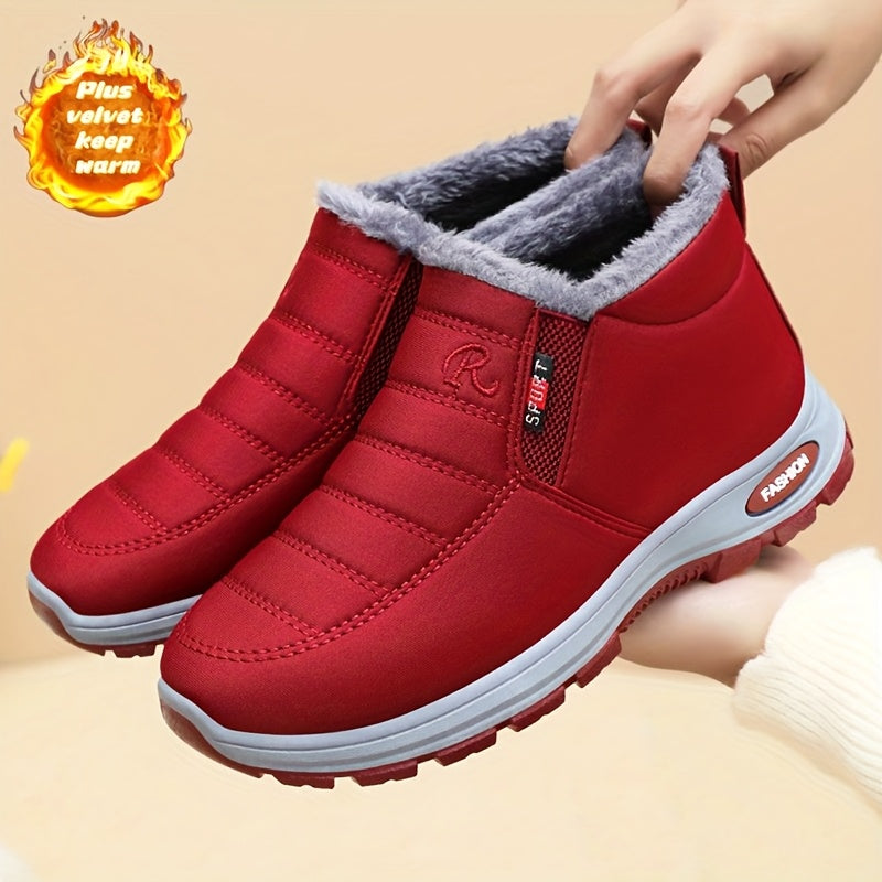 Women's Fleece-Lined Short Winter Boots Black Red Comfortable Outdoor Shoes