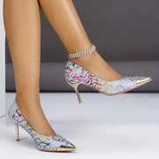 Women’s Lightweight Pointed Toe Stiletto Heels With Floral Print and Gold Accents