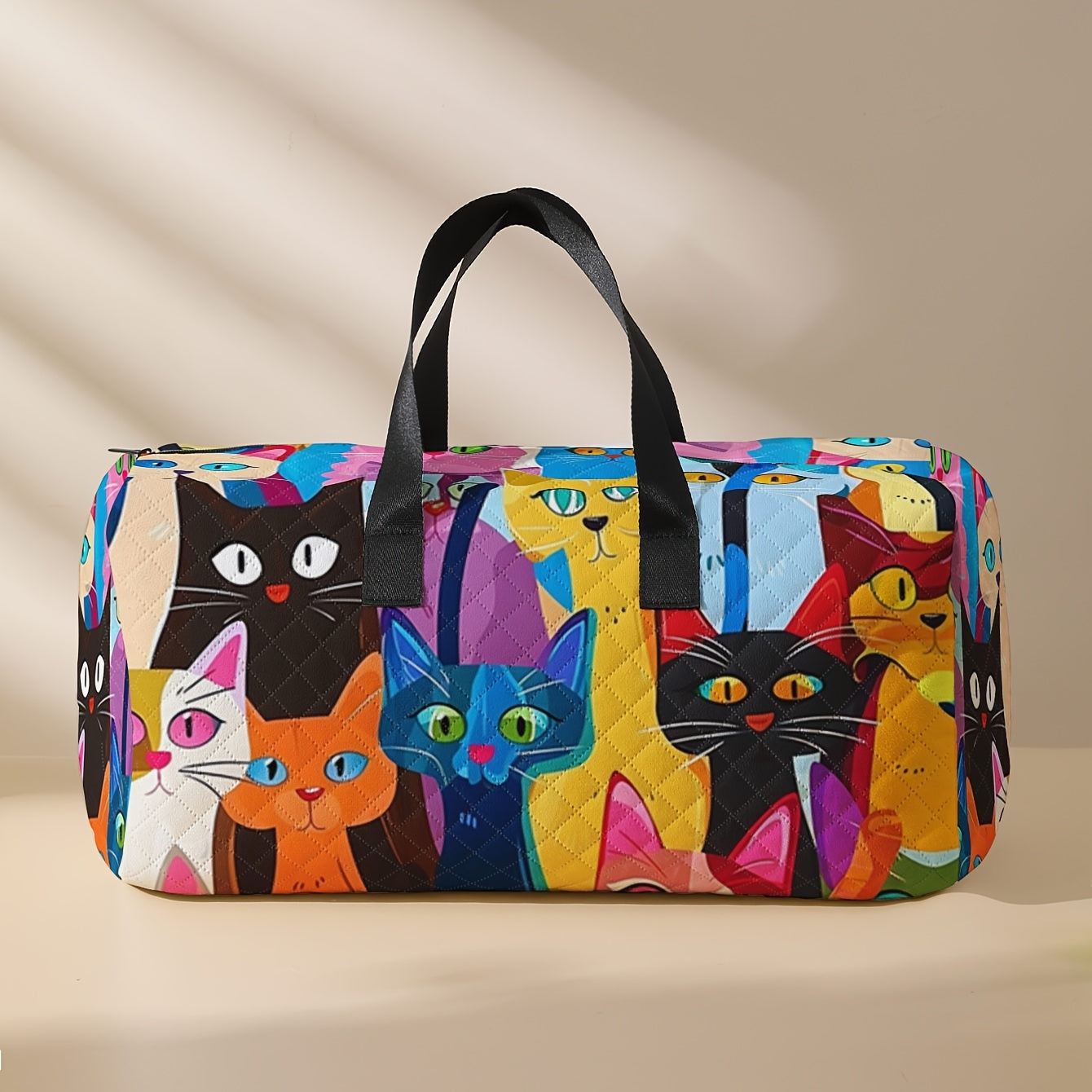 Cartoon Cat Print Duffel Bag with Shoe Compartment for Gym Travel