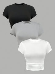 3-Pack Solid Side Ruched Women's Casual Crew Neck Short Sleeve T-Shirts for Spring Summer