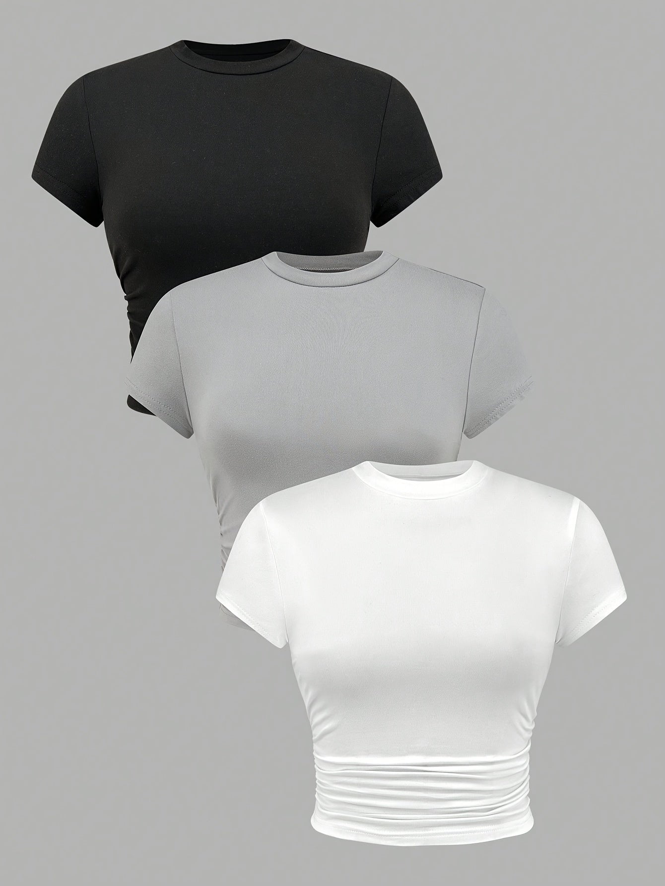 3-Pack Solid Side Ruched Women's Casual Crew Neck Short Sleeve T-Shirts for Spring Summer