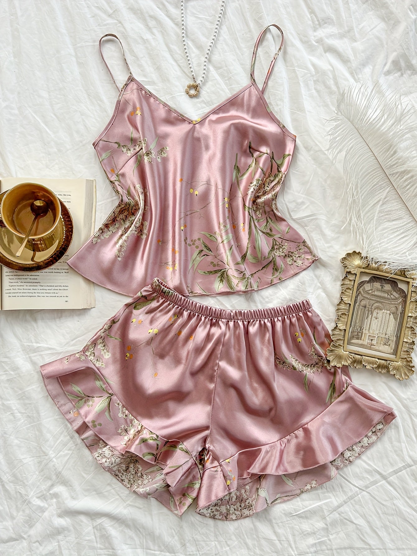 Conjunto de pijama de satén con estampado de cerezas para mujer, talla grande, camisón y pantalones cortos