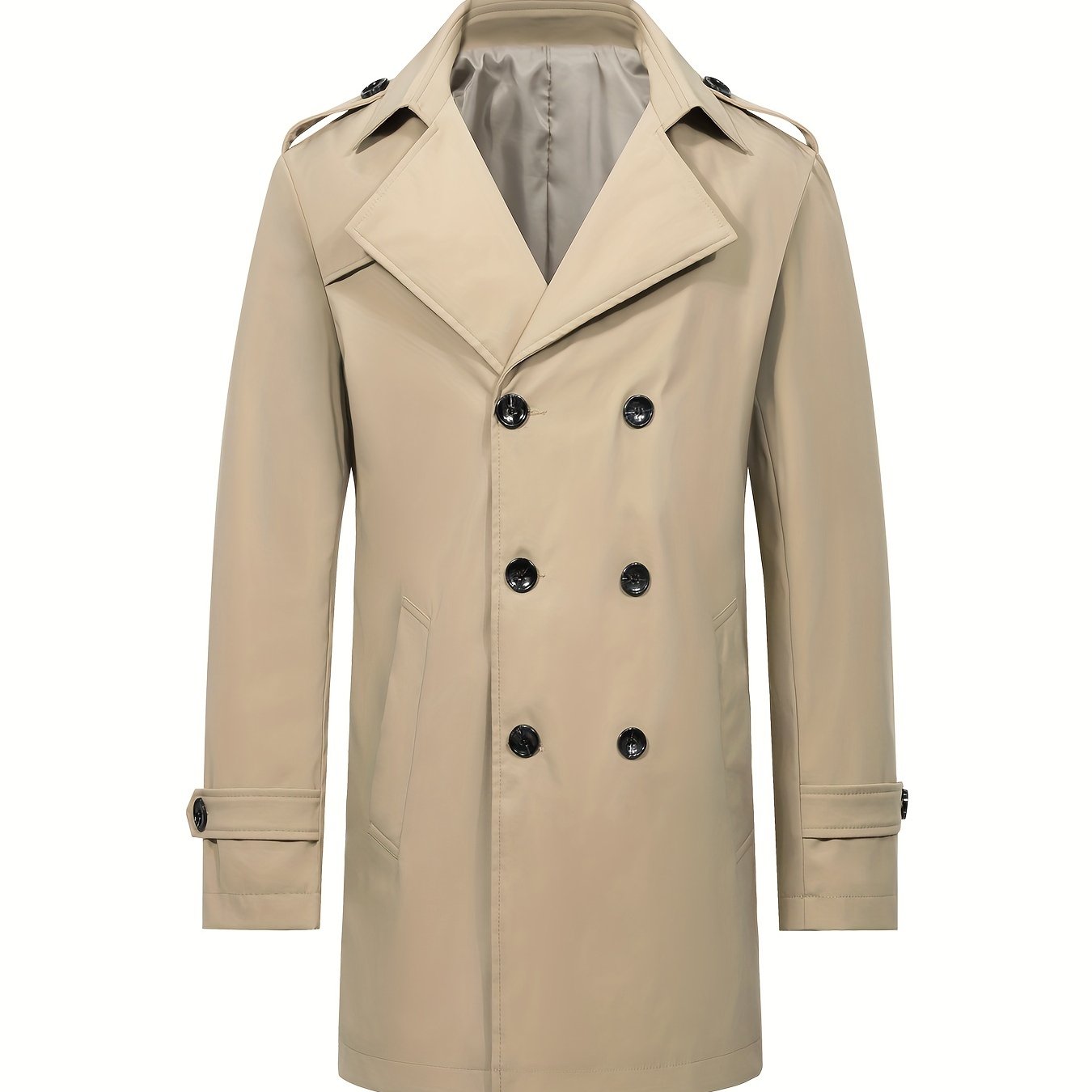 Erkaklar uchun o'rtacha uzunlikdagi ikki qatorli dizayndagi trench palto, mustahkam rangda, biznes va norasmiy kiyimlar uchun ideal.