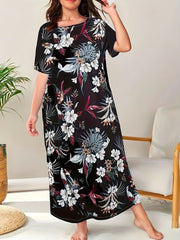 Plus Size Floral Nightgown Polyester Spandex Sleepshirt All-Season Comfortable