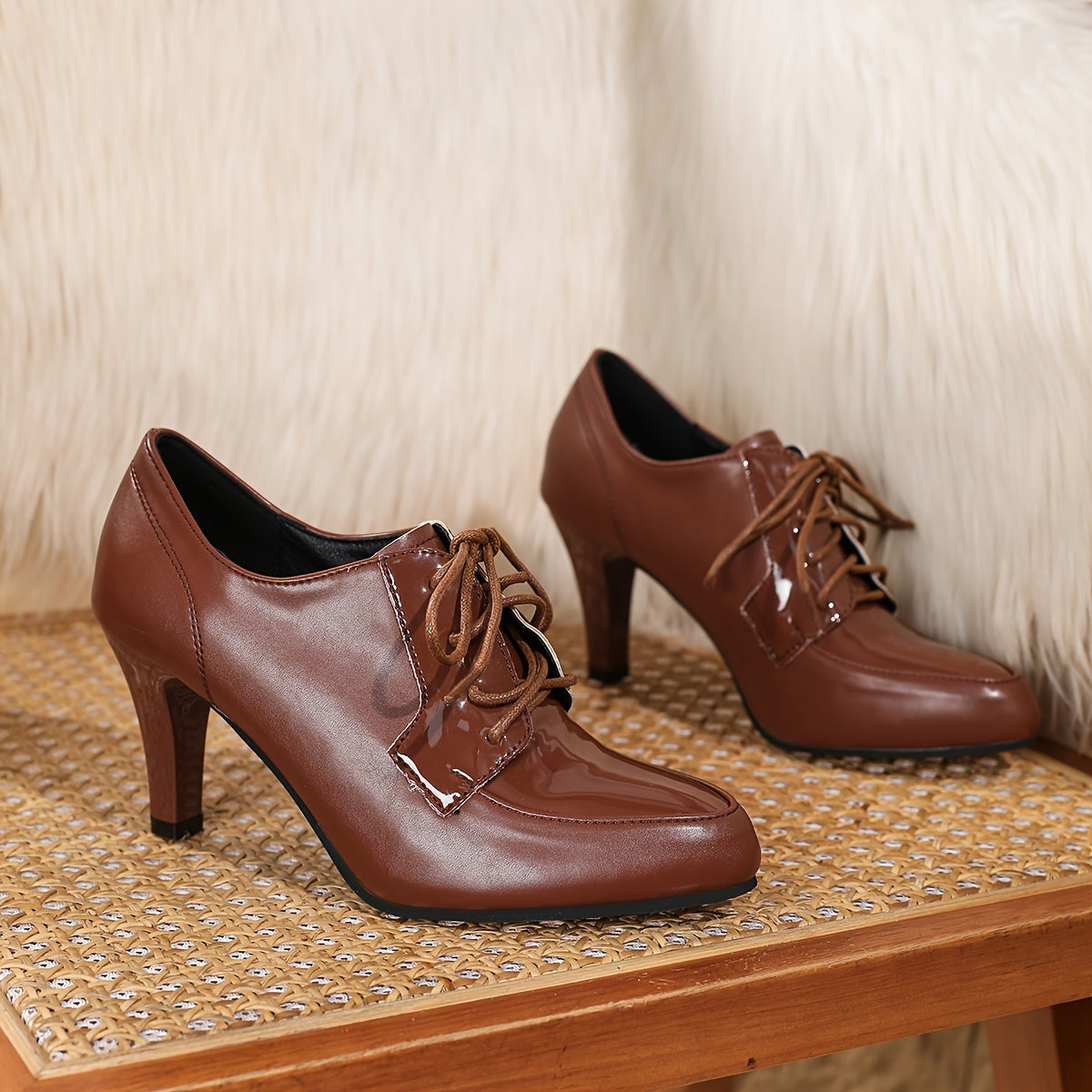 Women's Solid Color Casual Lace-Up Boots with Chunky Heels and Point Toe