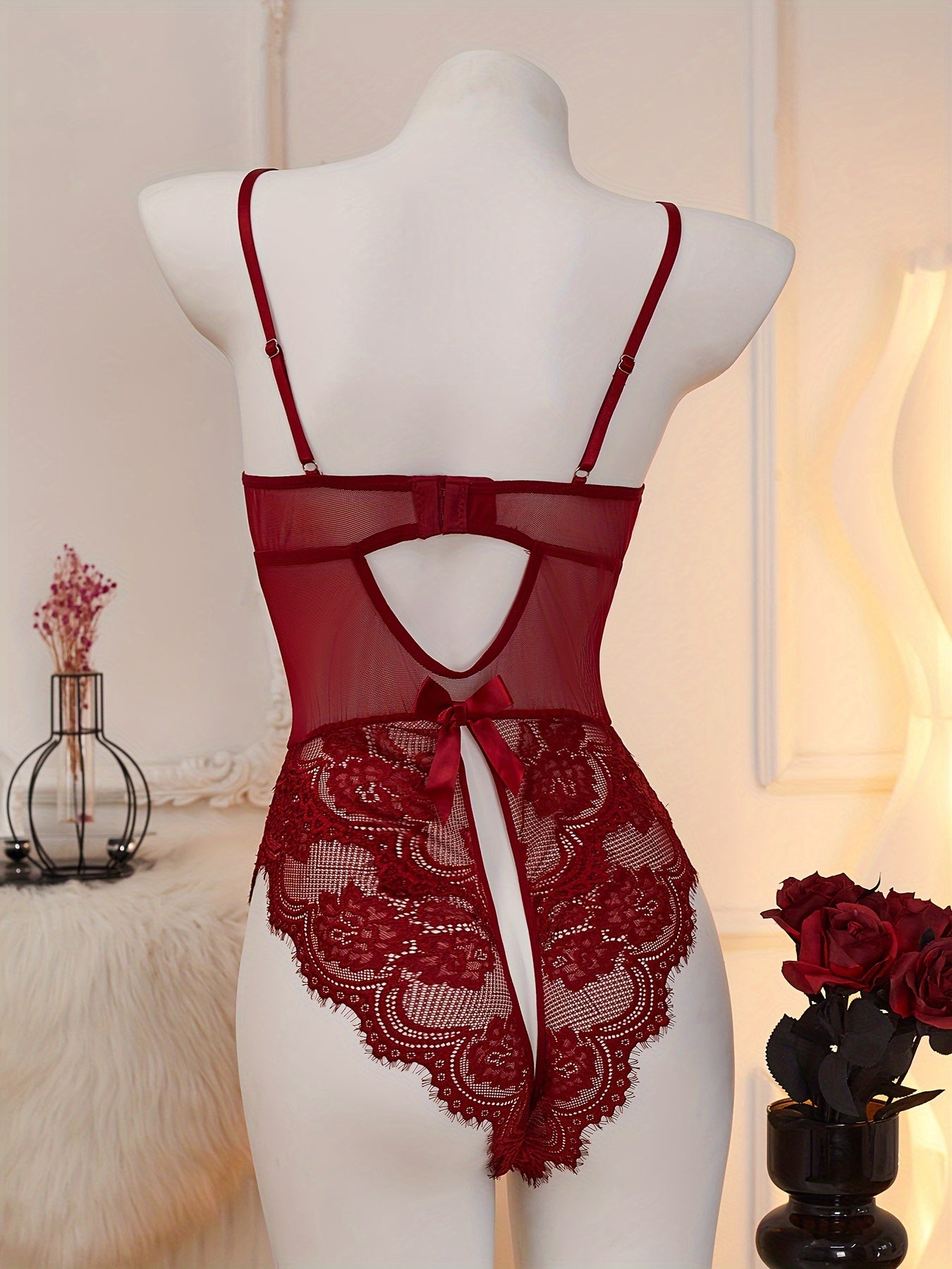 Women's Red Lace Velvet Teddy with Heart Cut-Out and Strappy Back