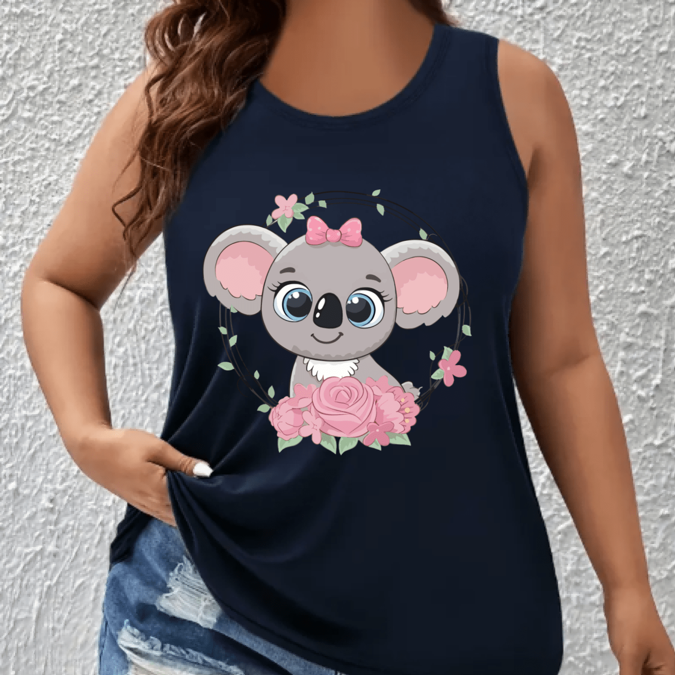 Top sin mangas de mujer talla grande con hombros descubiertos y estampado de koalas y flores
