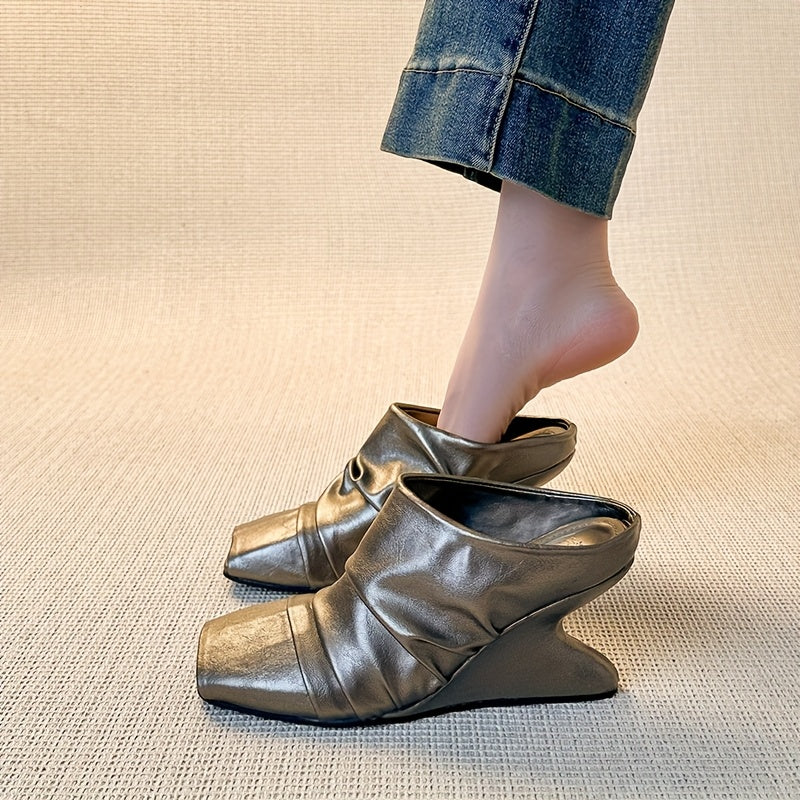 Women's Square Toe Mule Shoes Synthetic Slip-On Loafers Chunky Heel Brown