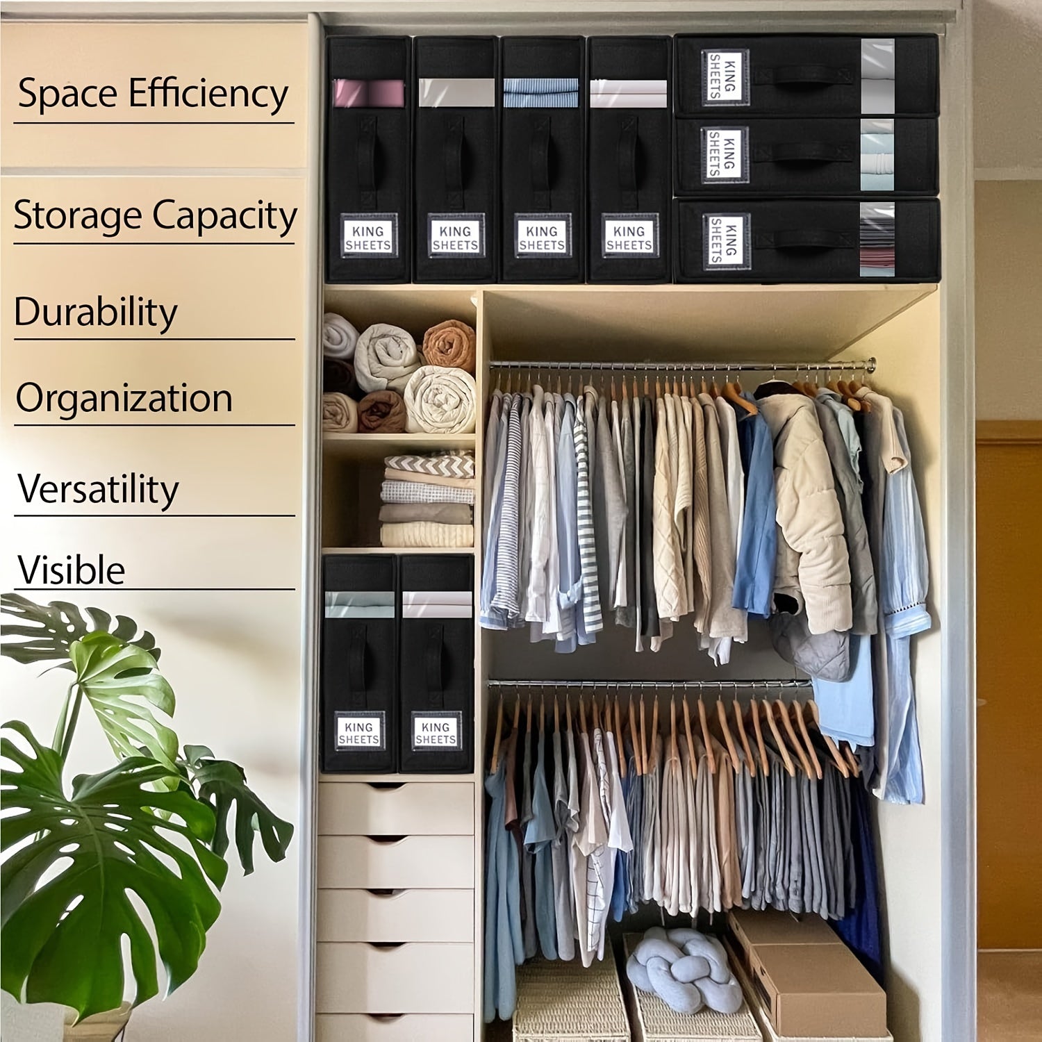 Black King Size Bed Sheet Organizer with Handle for Linen Closet