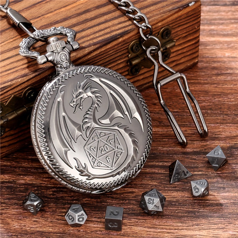 Vintage Dragon Alloy Pocket Watch with Chain and 7-Piece Dice Set for Role-Playing Games
