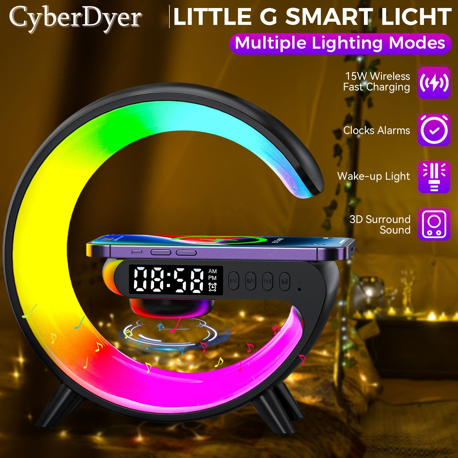 CyberDyer Smart Table Light with Sunrise Alarm Clock, Night Light Charging Station, Wireless Speaker, and Desktop Decoration Atmosphere Lamp - har qanday tadbir uchun mukammal sovg'a.