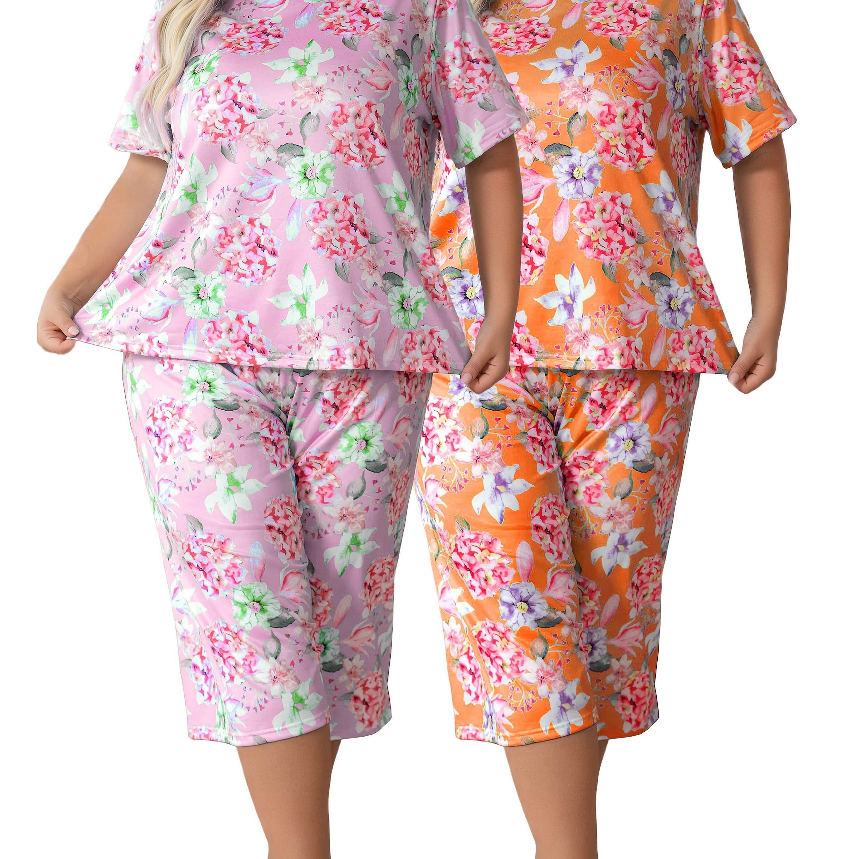 Plus-Size Floral Print Short-Sleeve and Three-Quarter Loungewear Set Comfortable