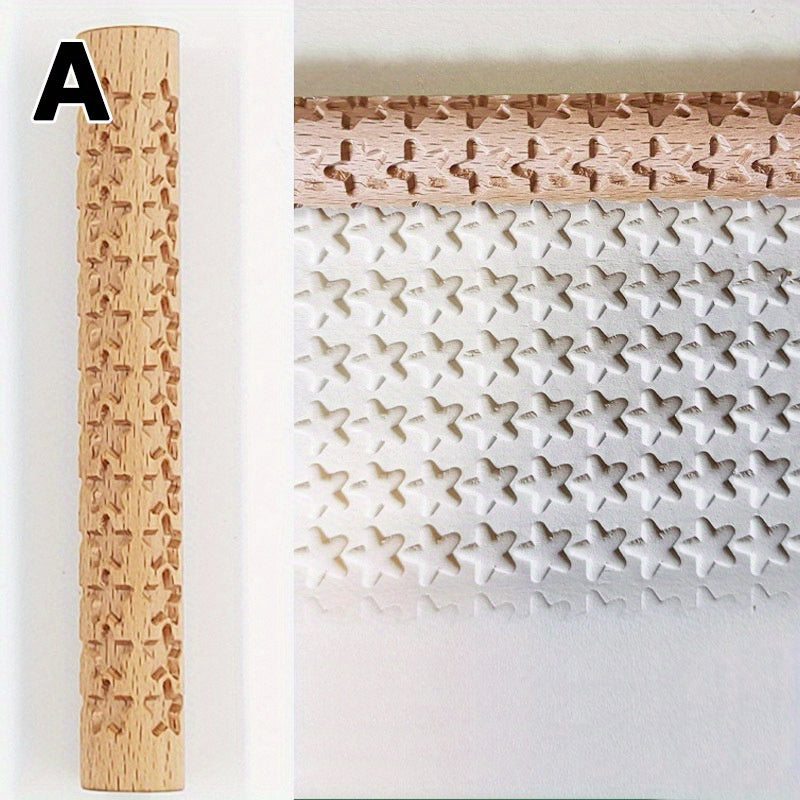 Embossing Rolling Pin for Dough Shaping, Wooden Kitchen Tool for Pizzas and Cookies