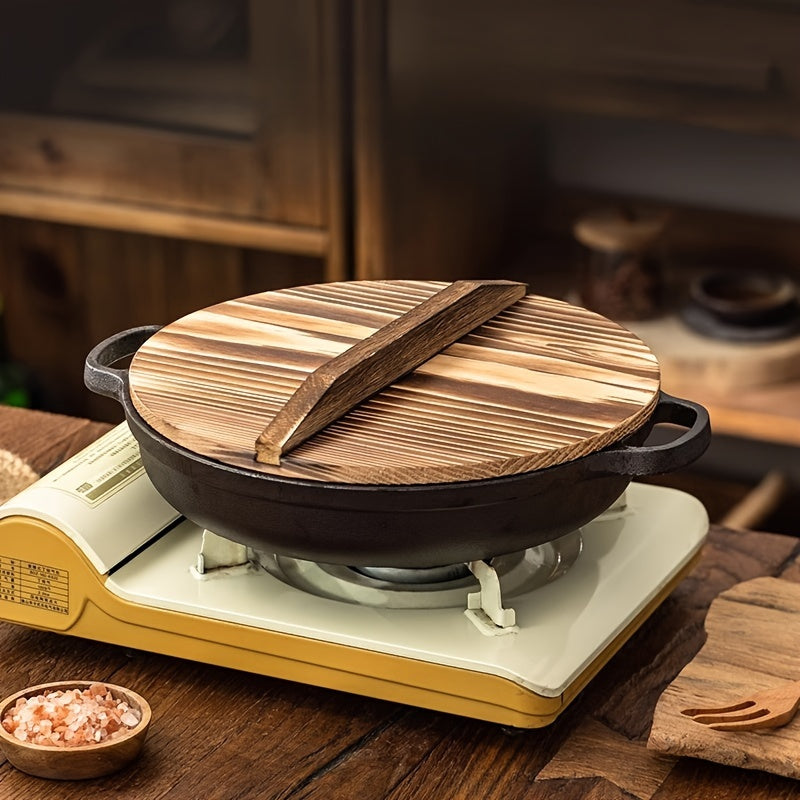 Cast Iron Double-Handled Skillet with Wooden Lid Non-Stick Cooking Pan for Gas and Induction