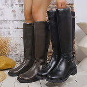 Ayollar uchun mato bilan yopiladigan, qalin poyali, tizzaga qadar bo‘lgan botlar, qora, barcha mavsumlar uchun kundalik kiyim