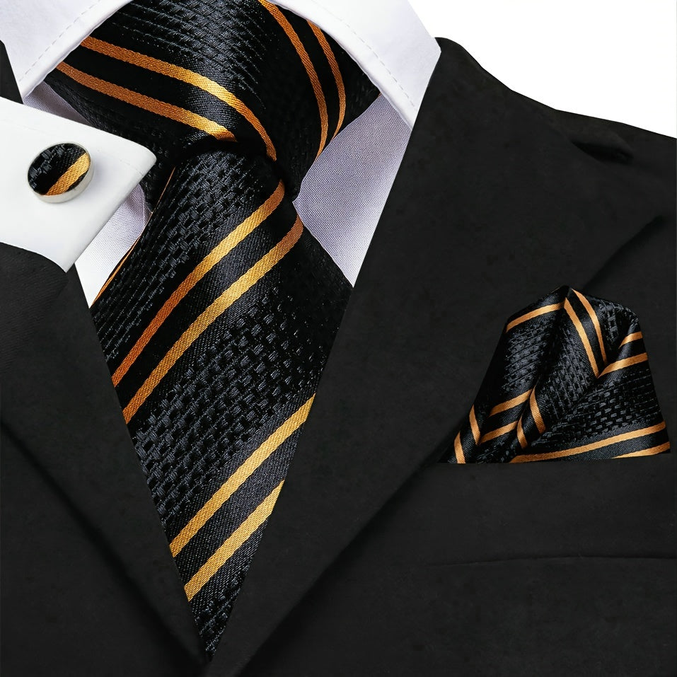 Men's Classic Striped Necktie Set with Cufflinks for Business and Party